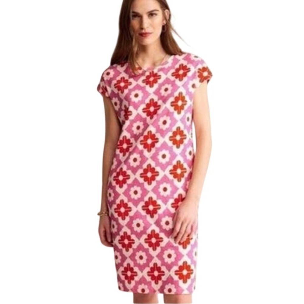 Boden Pink Red Floral Geometric Print Cotton T-Shirt Dress US 2R UK 6R
